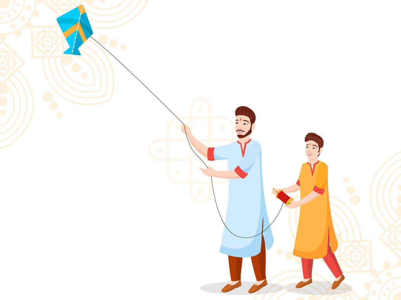 Young Man Flying Kite with Boy Holding String Spool on White Motif Background. vector