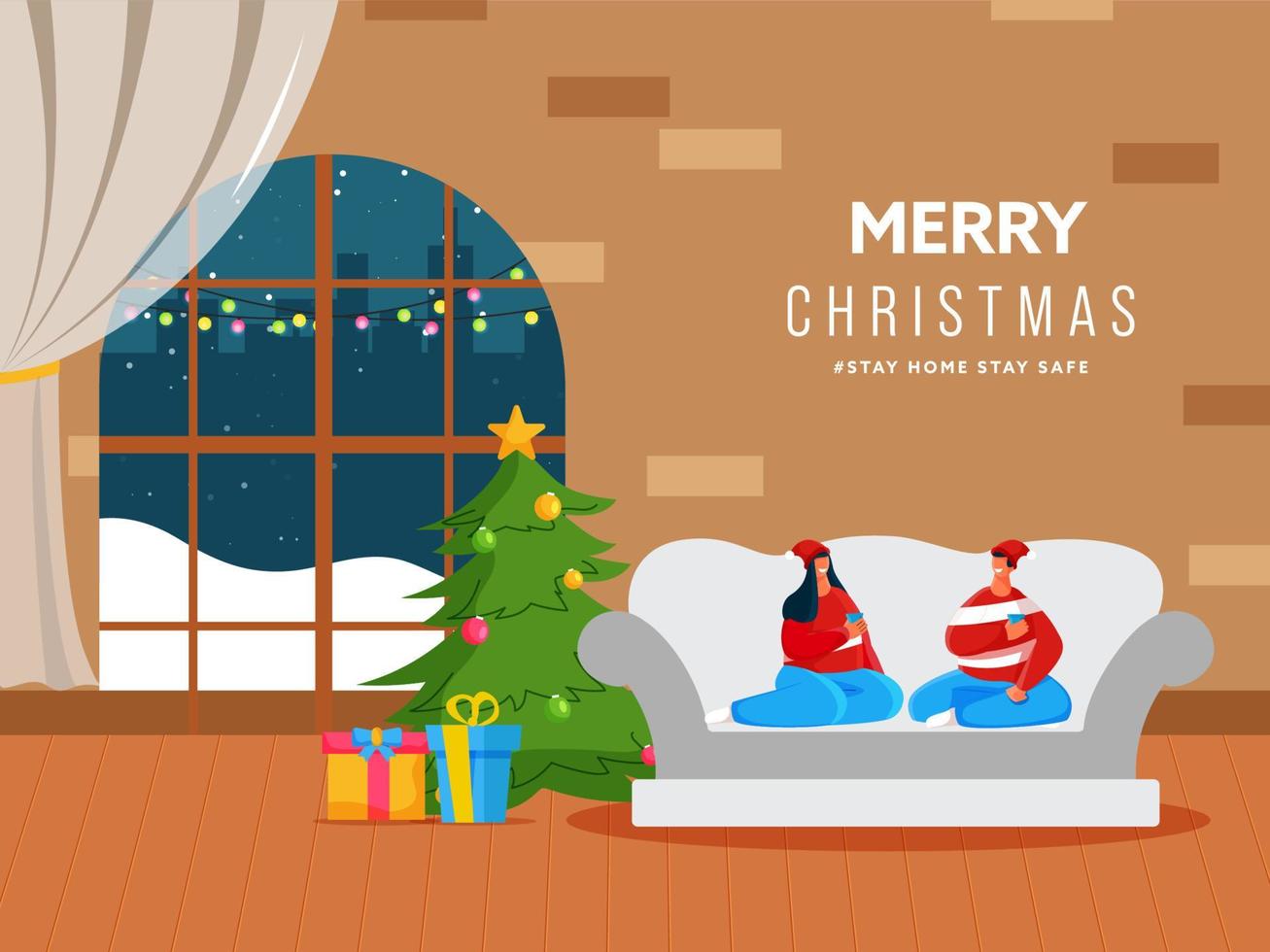 dibujos animados Pareja disfrutando bebidas sentar en sofá con decorativo Navidad árbol y regalo cajas en vivo habitación ver para alegre Navidad, evitar coronavirus. vector