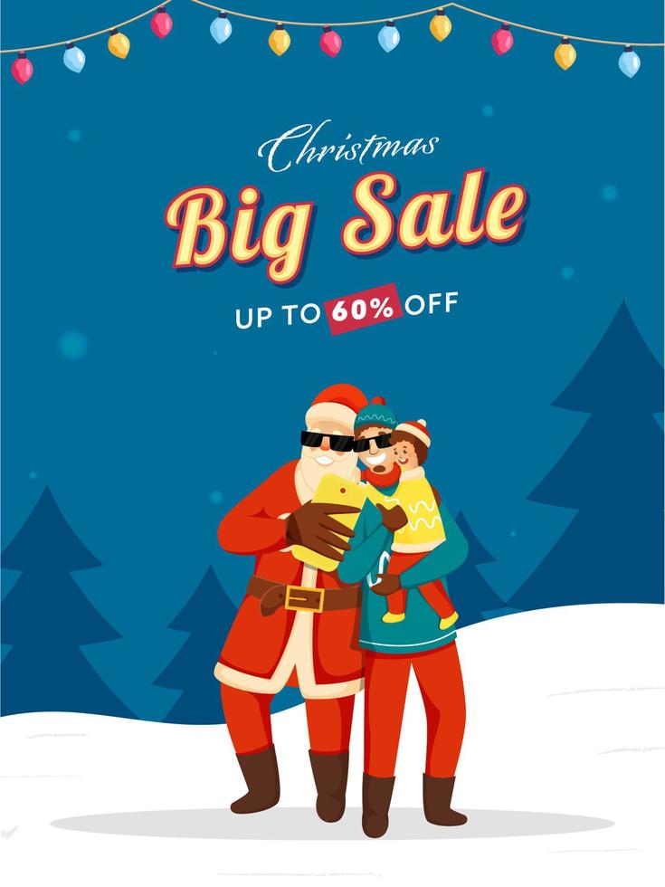 UP TO 60 Off For Christmas Big Sale Template Design With Cheerful Santa Claus Taking Selfie Together Man Carrying Baby. vector