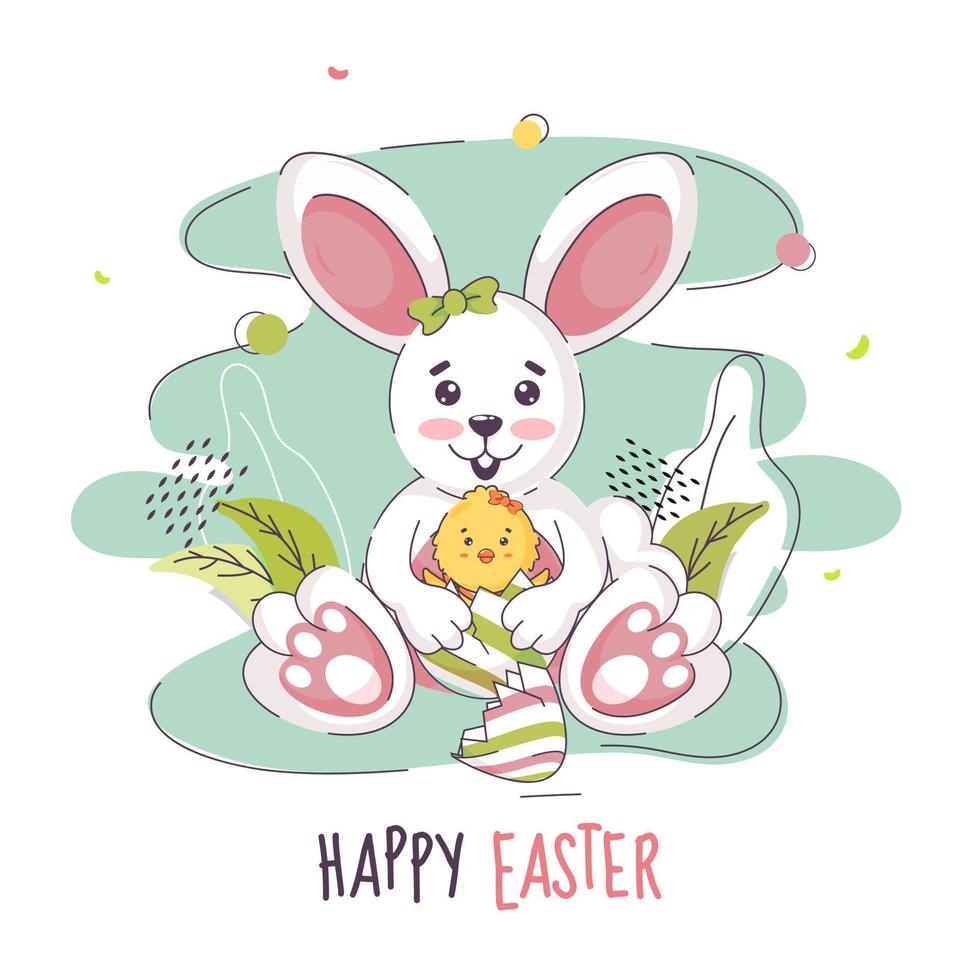 Cartoon Funny Rabbit holding Chick Bird in Broken Egg on Abstract Background for Happy Easter Celebration. vector