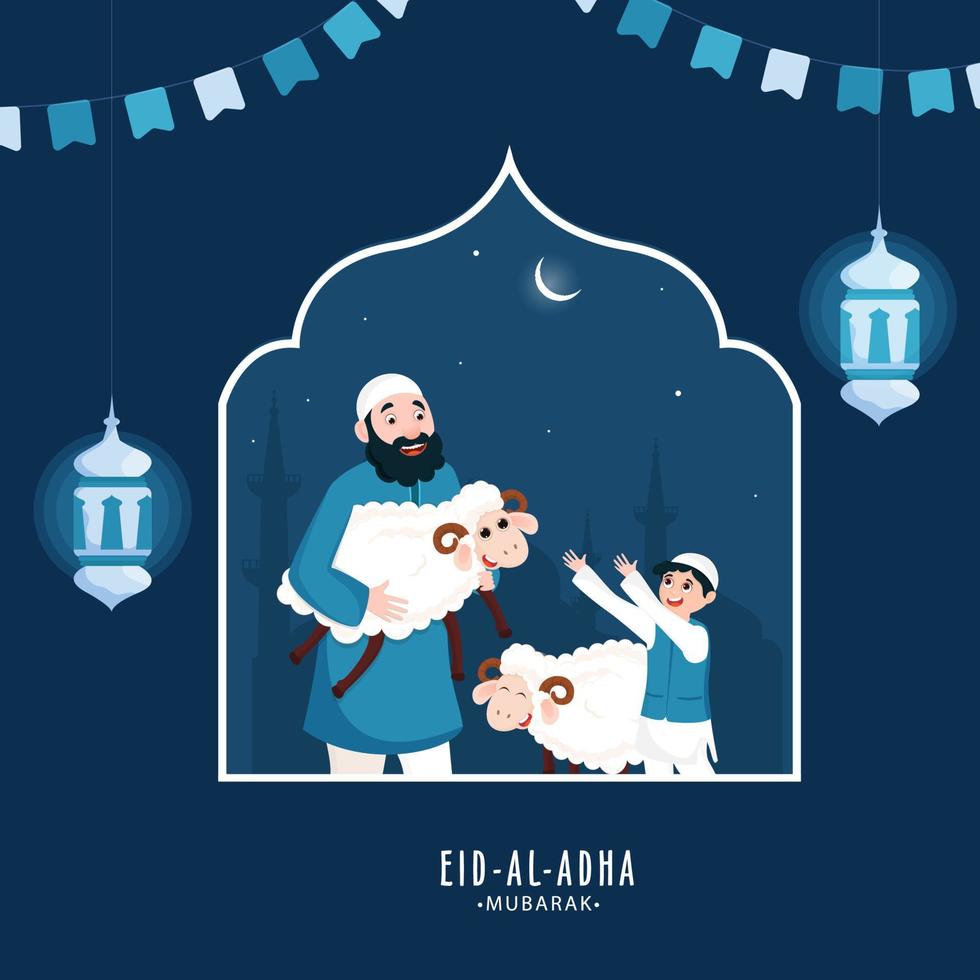 Cheerful muslim man giving cartoon sheep to boy with hanging lanterns on night scene blue background for Eid-Al-Adha Mubarak. vector