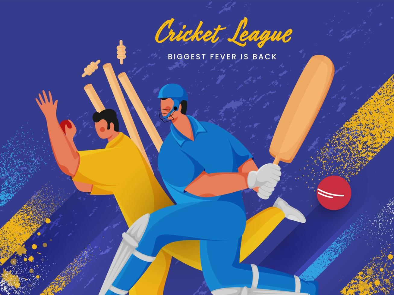 Cricket League Poster or Banner Design with Character of Batsman and Bowler in Playing Pose on Noise Brush Effect Blue Background. vector