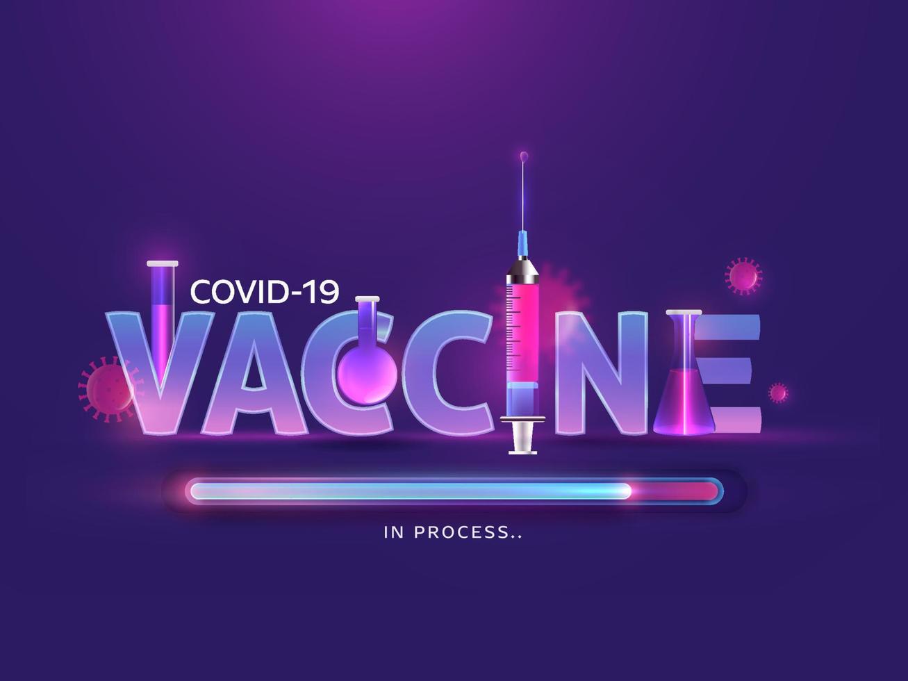 covid-19 vacuna Progreso bar con realista jeringuilla inyección y prueba tubos en Violeta antecedentes. vector