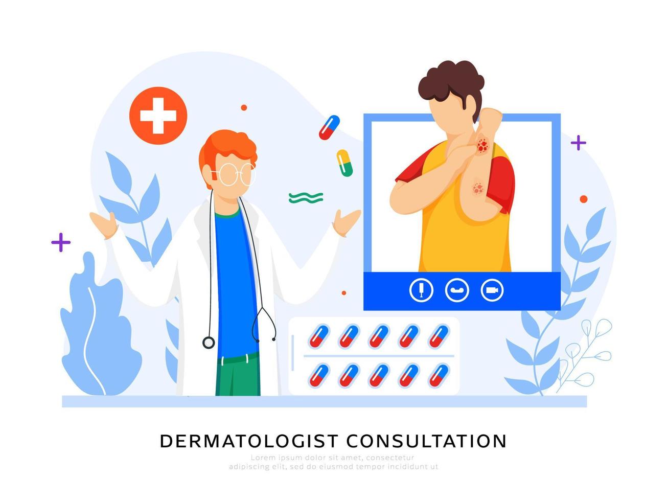 dermatólogo consulta concepto establecido póster diseño, dibujos animados paciente interactuando en vídeo llamada con médico hombre. vector
