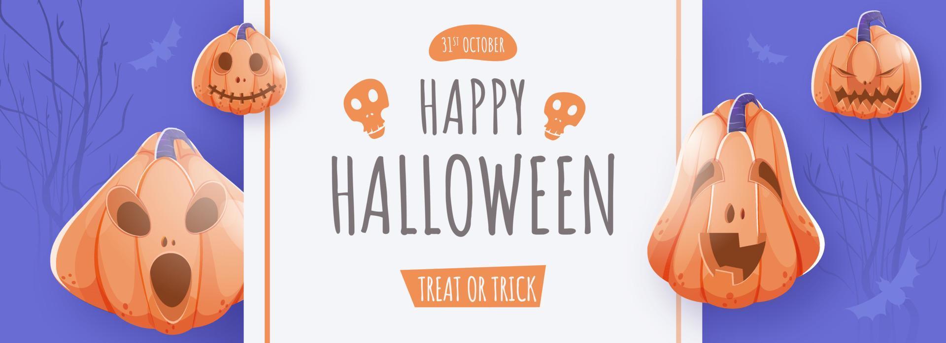 Happy Halloween Header or Banner Design with Jack-O-Lanterns and Flying Bats on Violet Blue and White Background. vector