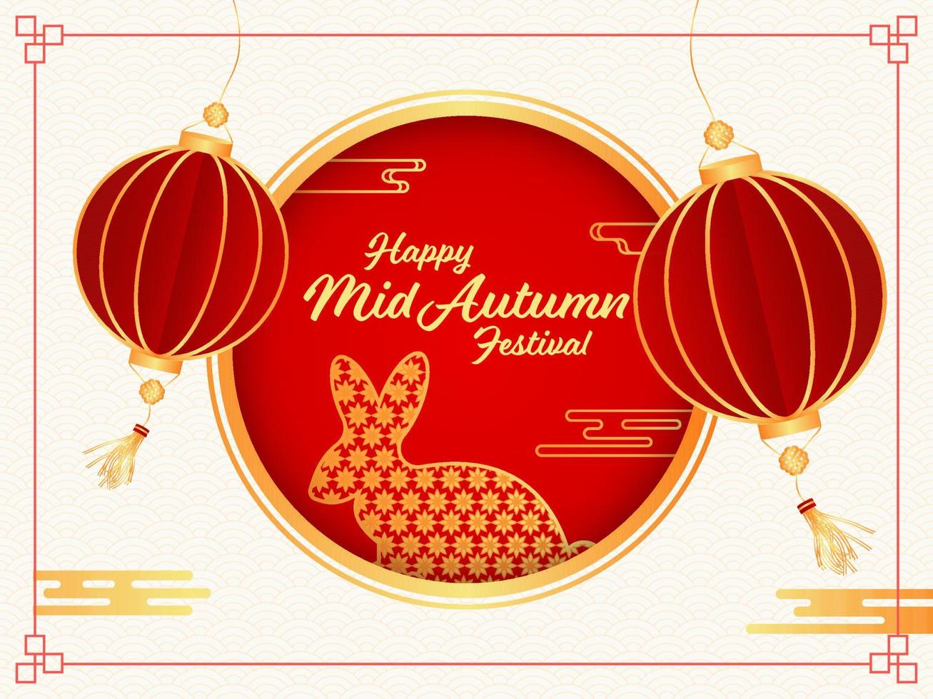 Golden Happy Mid-Autumn Festival Text with Flower Pattern Bunny and Hanging Paper Chinese Lanterns Decorated on Overlapping Semi Circle Background. vector