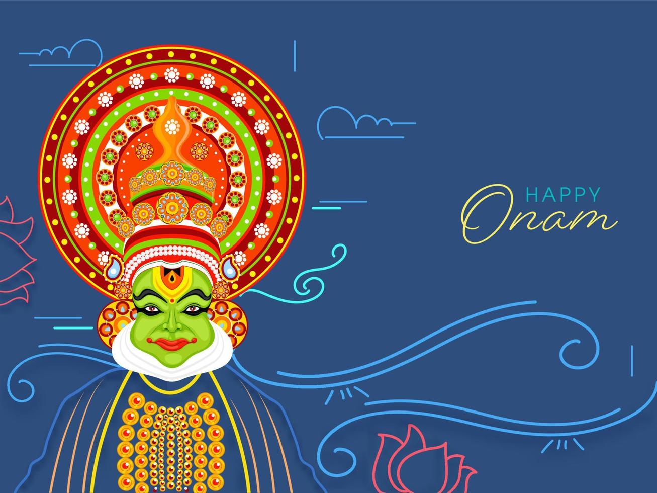 Happy Onam Font with Kathakali Dancer Character, Line Art Lotus Flowers and Clouds on Blue Background. vector