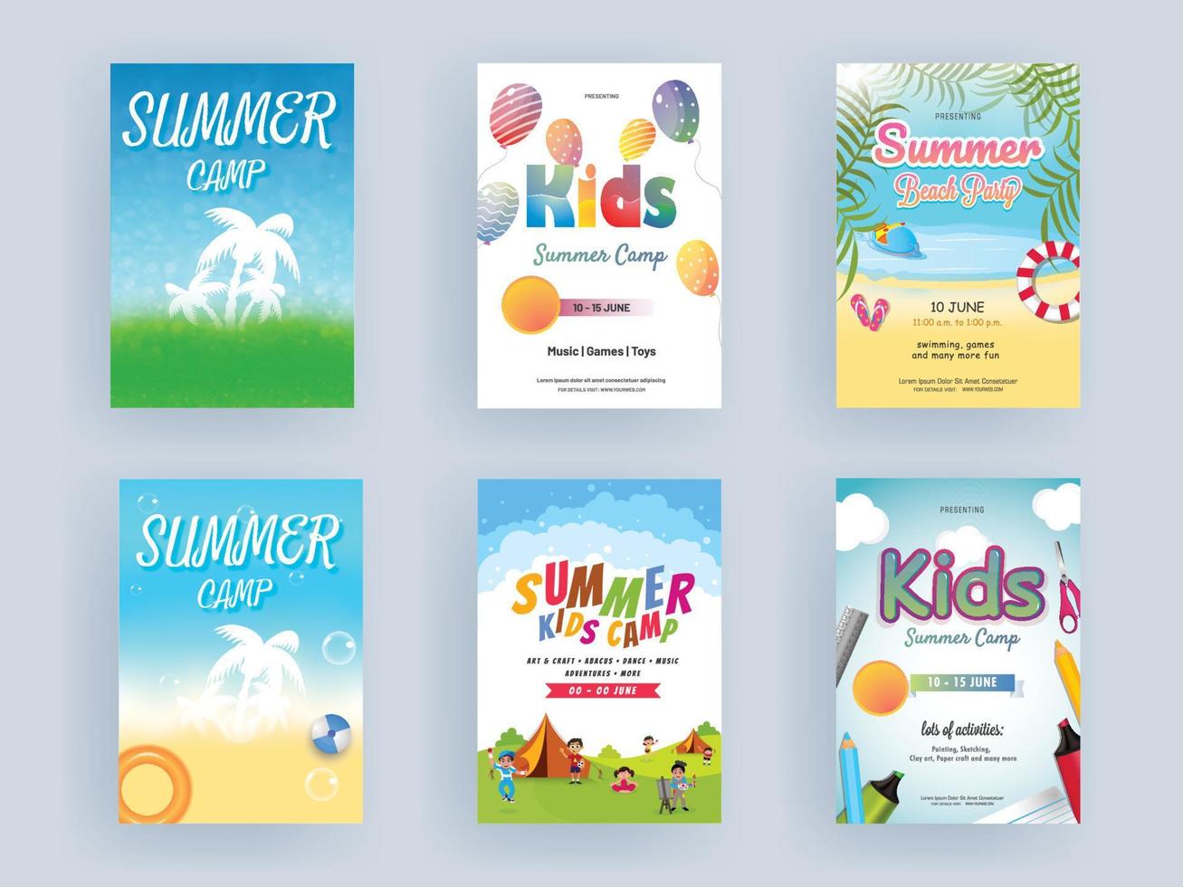 Different Types Summer Camp Flyer or Template Design with Playing Kids and Beach View. vector