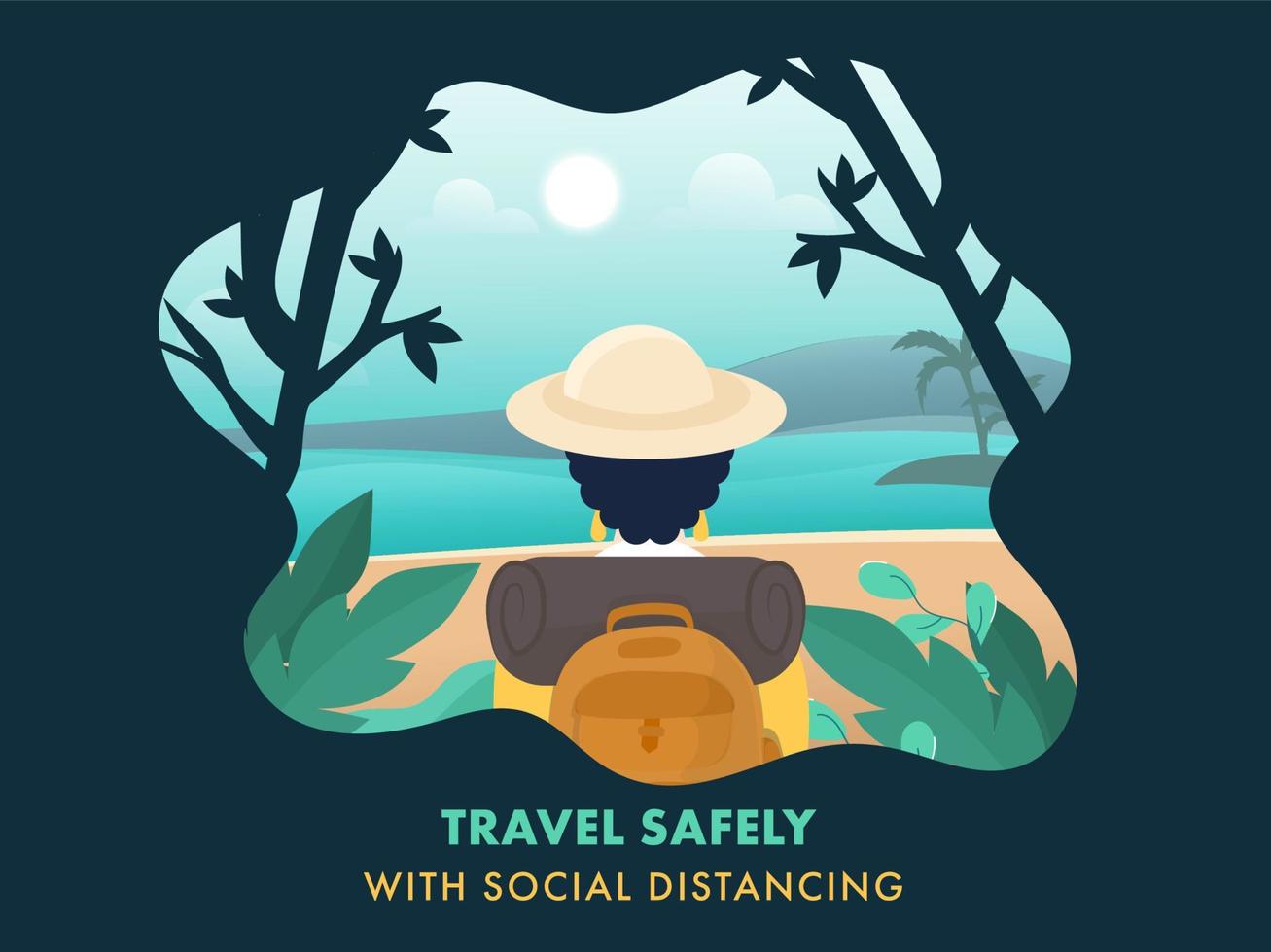 Travel Safely With Social Distancing Concept Based Poster Design, Back View of Tourist Woman on Green Sun Ocean Nature Background. vector