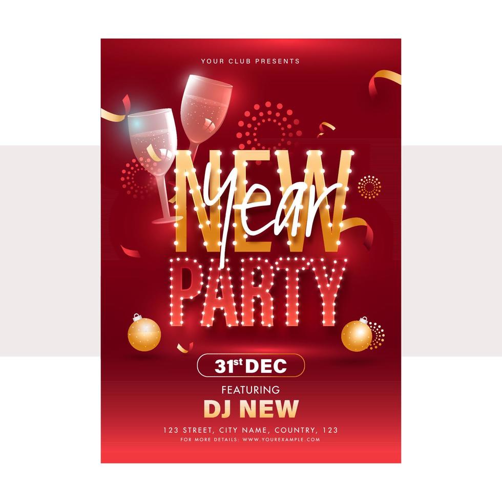 New Year Party Flyer Design With Wine Glasses On Red Background. vector