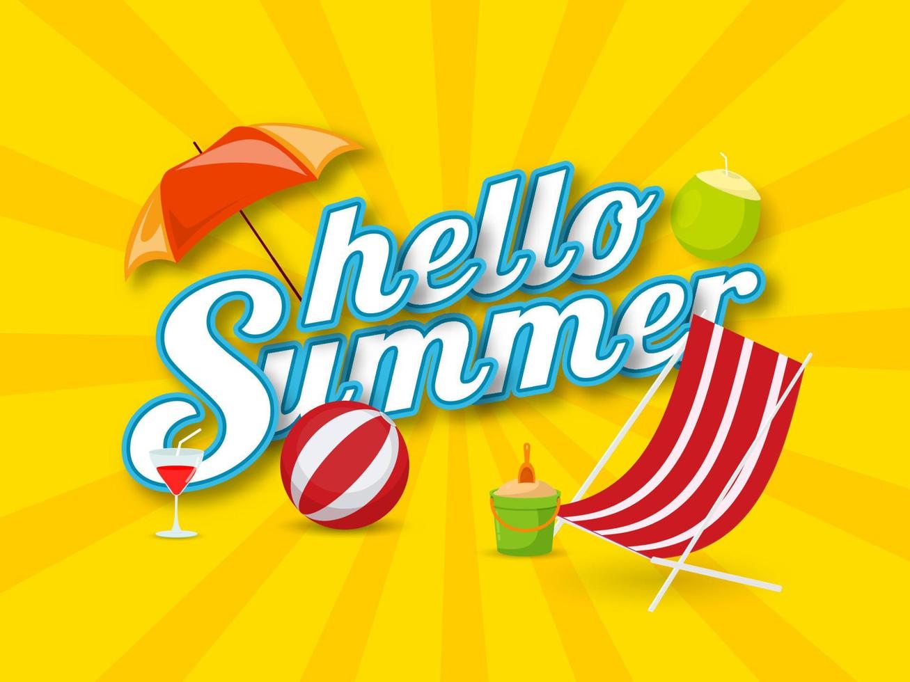 Sticker Style Hello Summer Font with Umbrella, Coconut Drink, Cocktail, Ball, Bucket Full of Sand and Beach Chair on Yellow Rays Background. vector