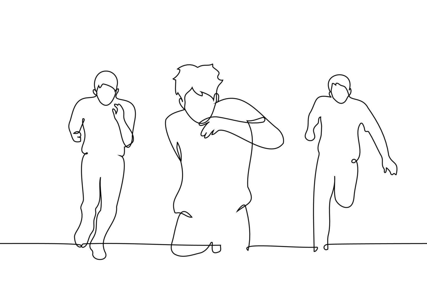group of men running towards the viewer - one line drawing vector. concept marathon, competition vector