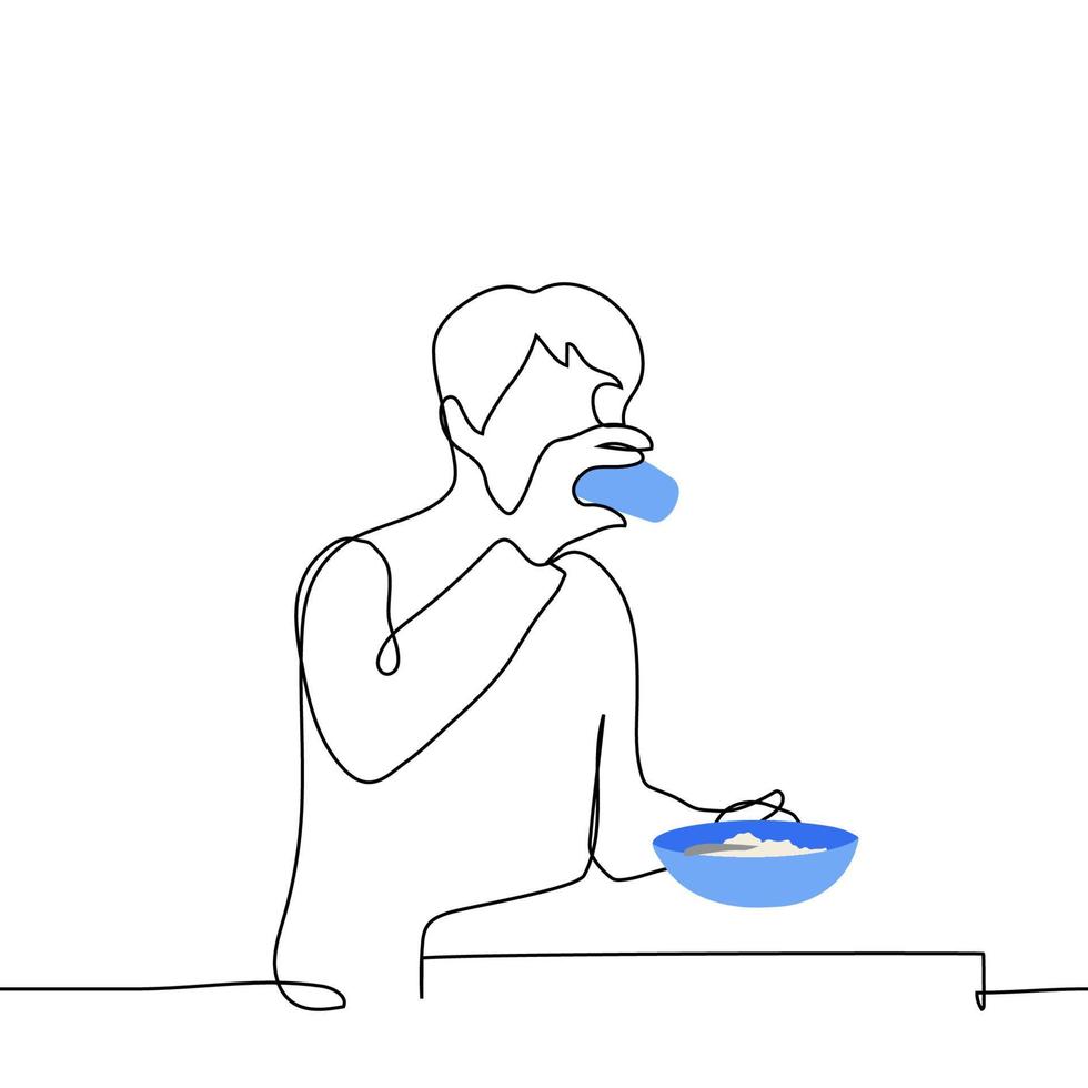 man drinking while sitting at a table with a bowl of porridge - one line drawing vector. concept breakfast, morning porridge vector