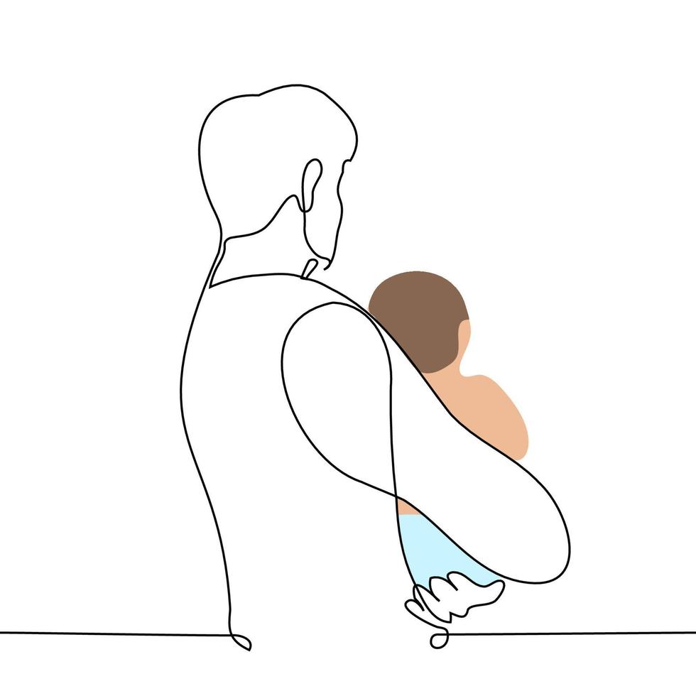 hombre participación un bebé en un pañal en su brazos - uno línea dibujo vector. concepto joven padre niñera su niño vector