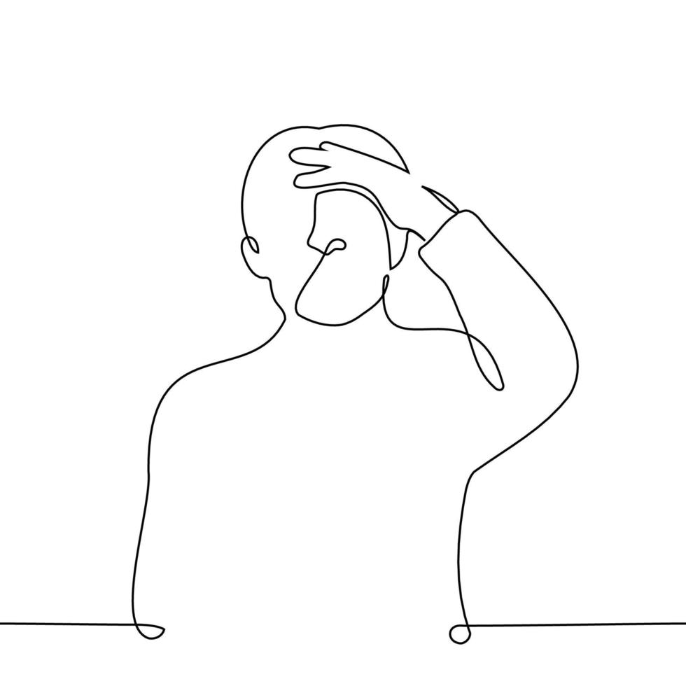 man with hand on forehead - one line drawing vector. concept shock and surprise or facepalm vector
