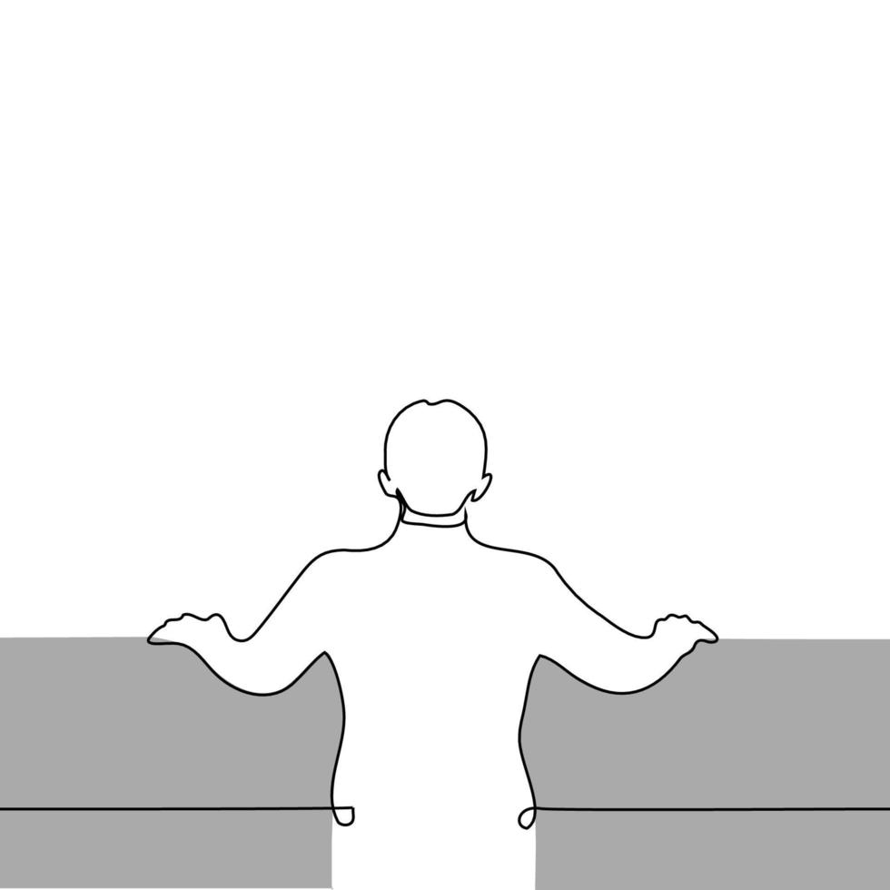 man stands with his back to the viewer with his hands on the railing - one line drawing vector. concept observer, lord vector