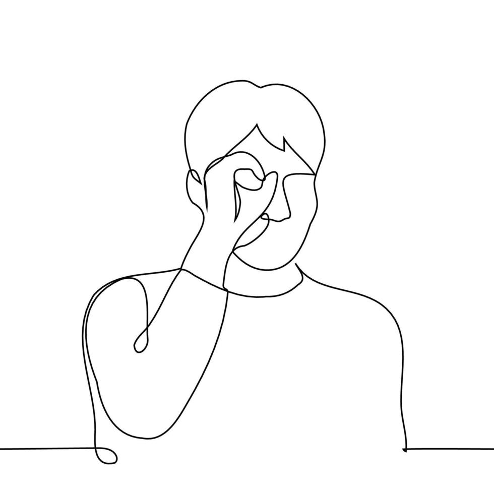 man folded his hand and looks through his fingers as if into an optical device - one line drawing vector