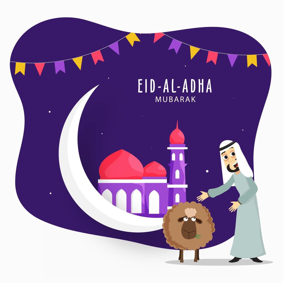 Eid al-Adha Mubarak texto con creciente luna, mezquita y alegre árabe hombre demostración dibujos animados oveja en resumen púrpura antecedentes. vector