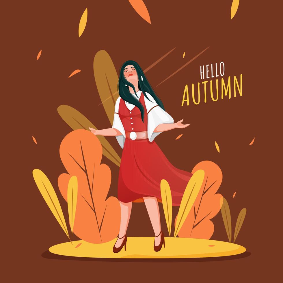 Young Girl Enjoying Autumn Season On Brown Background Can Be Used As Poster Design. vector