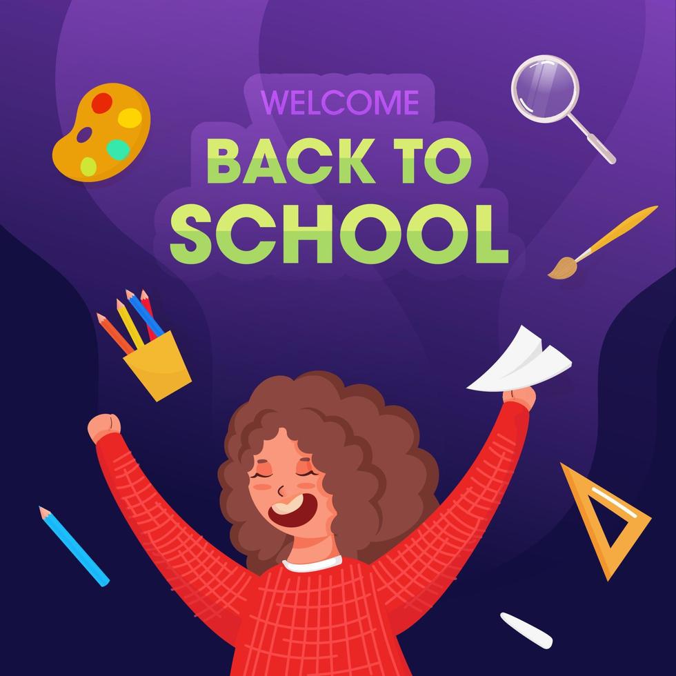 Welcome Back To School Poster Design With Cheerful Student Girl Holding Paper Plane And Supplies Elements Decorated On Purple Background. vector