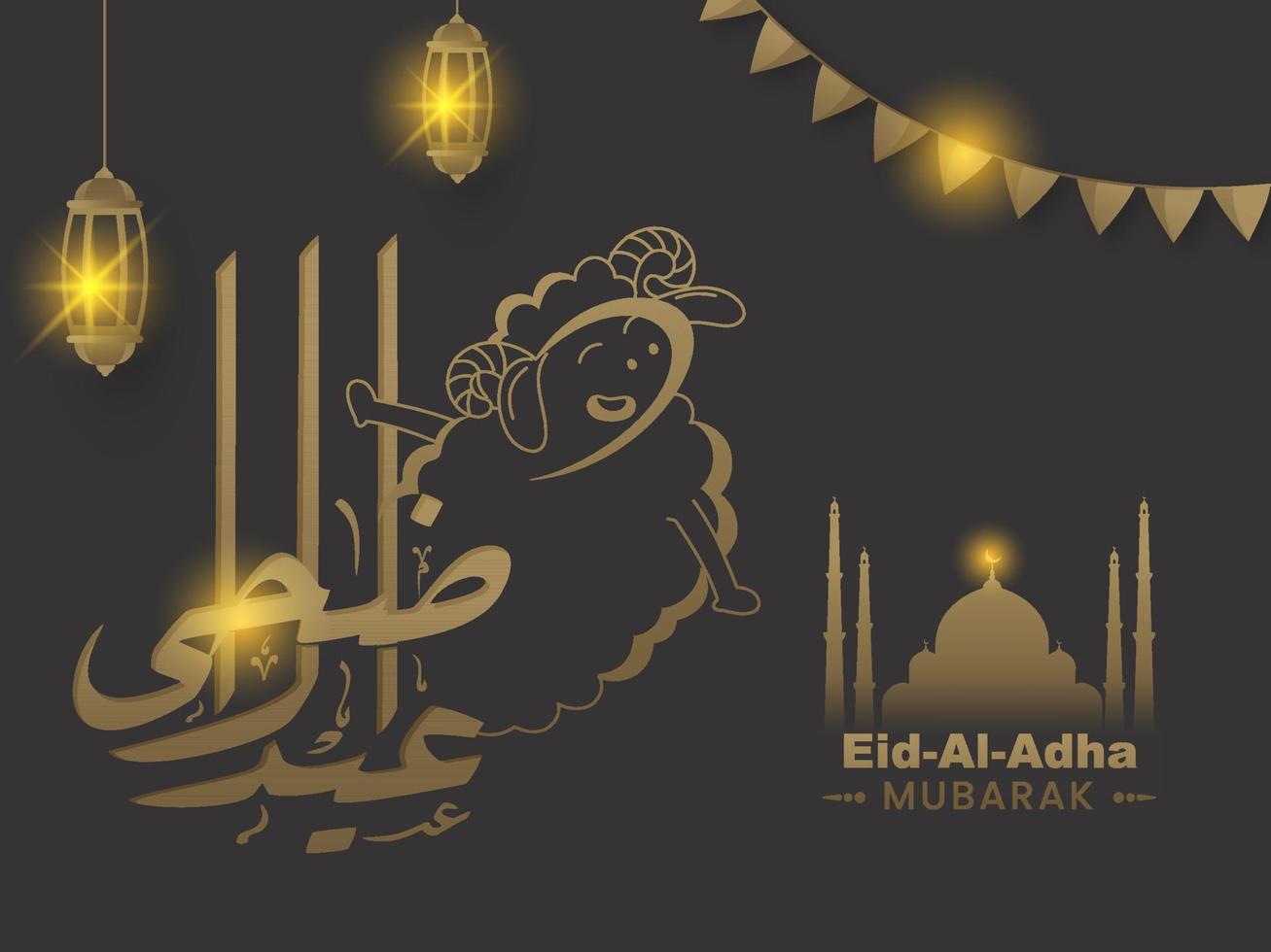 Brown Arabic Calligraphy of Eid-Al-Adha Mubarak with Creative Cartoon Sheep, Hanging Lanterns and Lights Effect on Black Background. vector