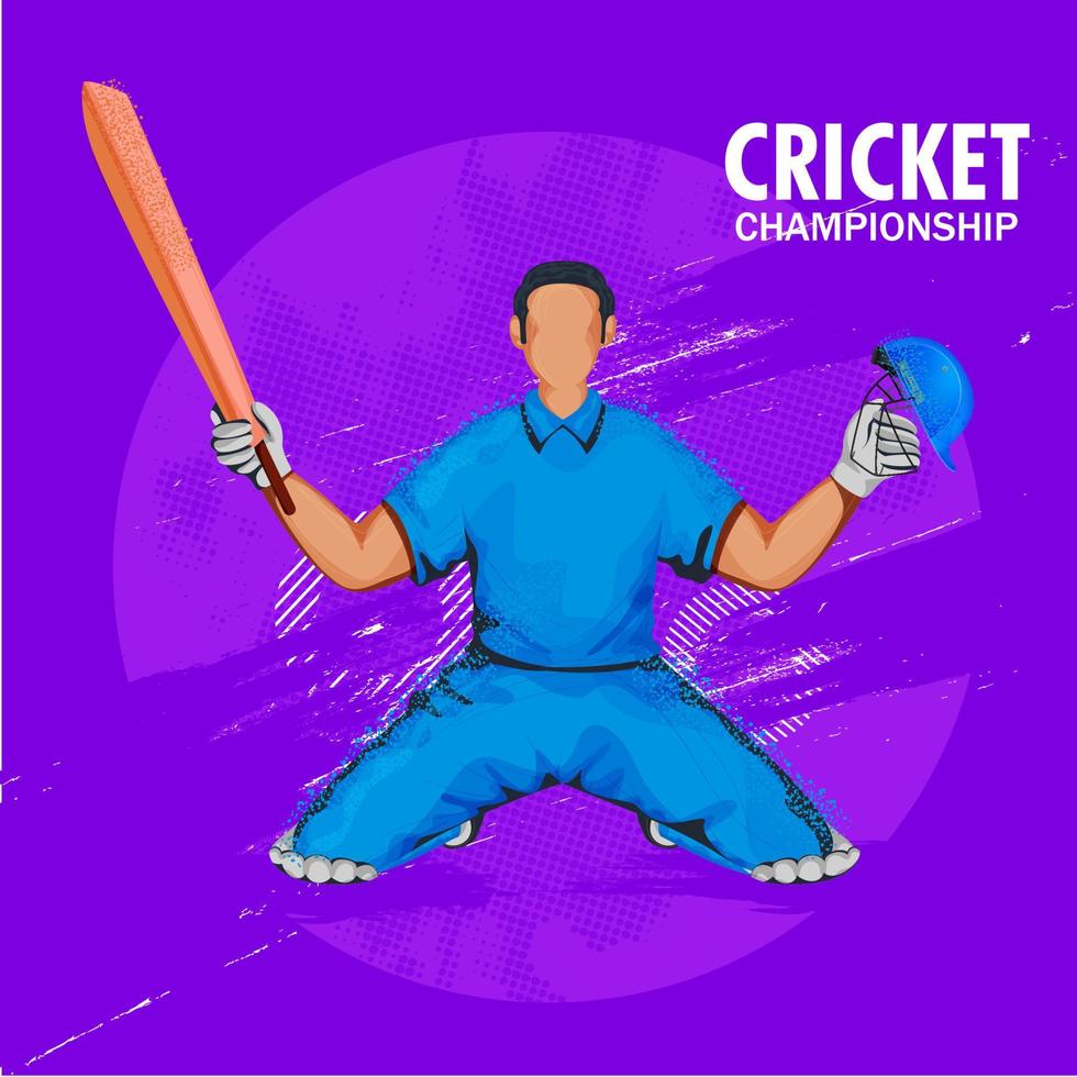 Cricket Championship Poster Design with Noise Effect Faceless Batsman Character in Winning Pose on Purple Halftone Background. vector
