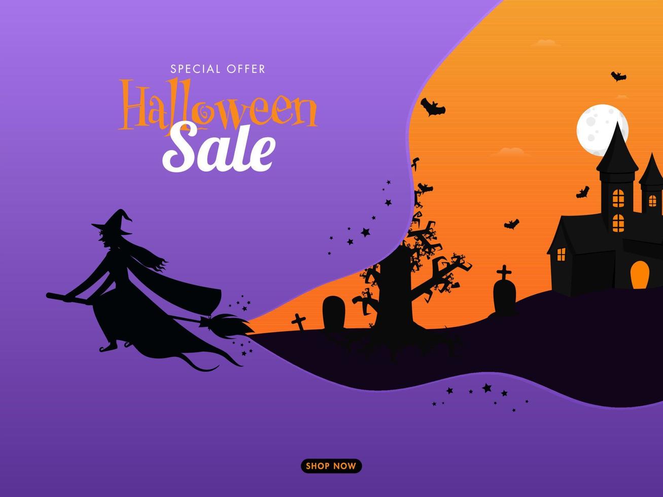 Halloween Sale Poster Design with Silhouette Witch Flying at Broom, Castle and Graveyard View on Full Moon Orange and Purple Background. vector