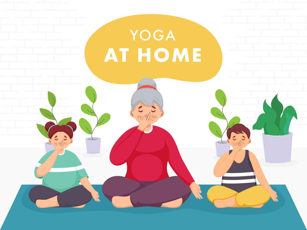 Young Woman Character With Children Doing Alternate Nostril Breathing Yoga At Home To Prevent From Coronavirus. vector