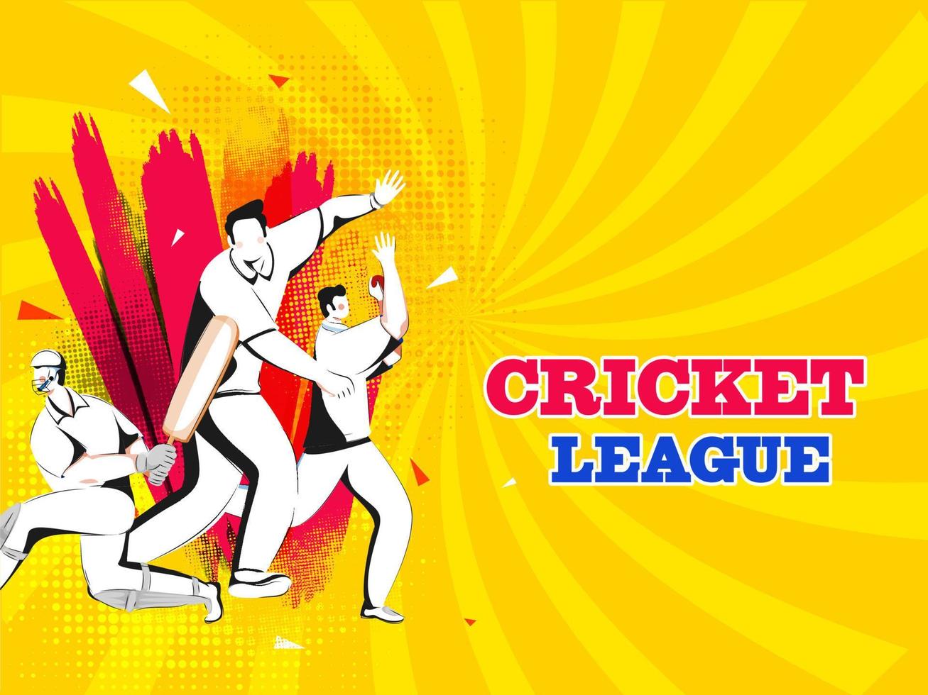 Cricket League Concept With Cartoon Players Character And Pink Brush Effect On Yellow Rays Background. vector