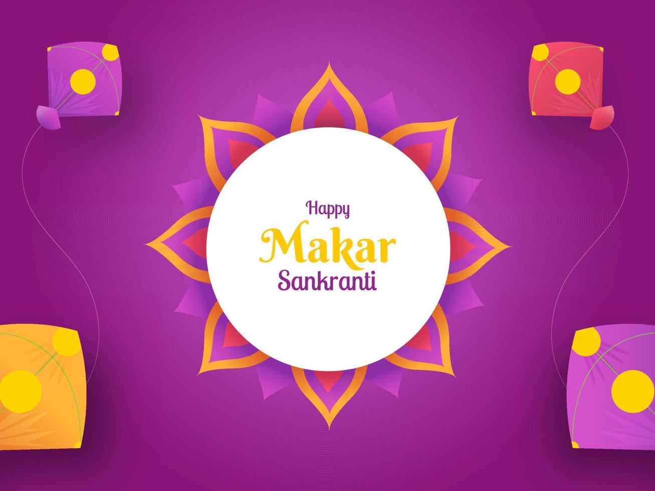 Happy Makar Sankranti Celebration Poster Design With Colorful Kites On Purple Background. vector