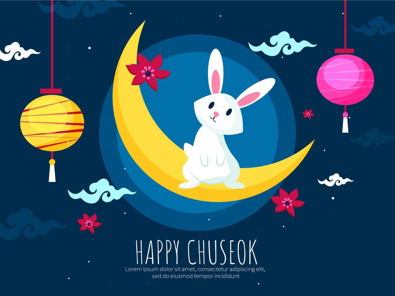 Happy Chuseok Celebration Poster Design with Crescent Moon, Cute Bunny, Flowers and Hanging Chinese Lanterns Decorated on Blue Background. vector