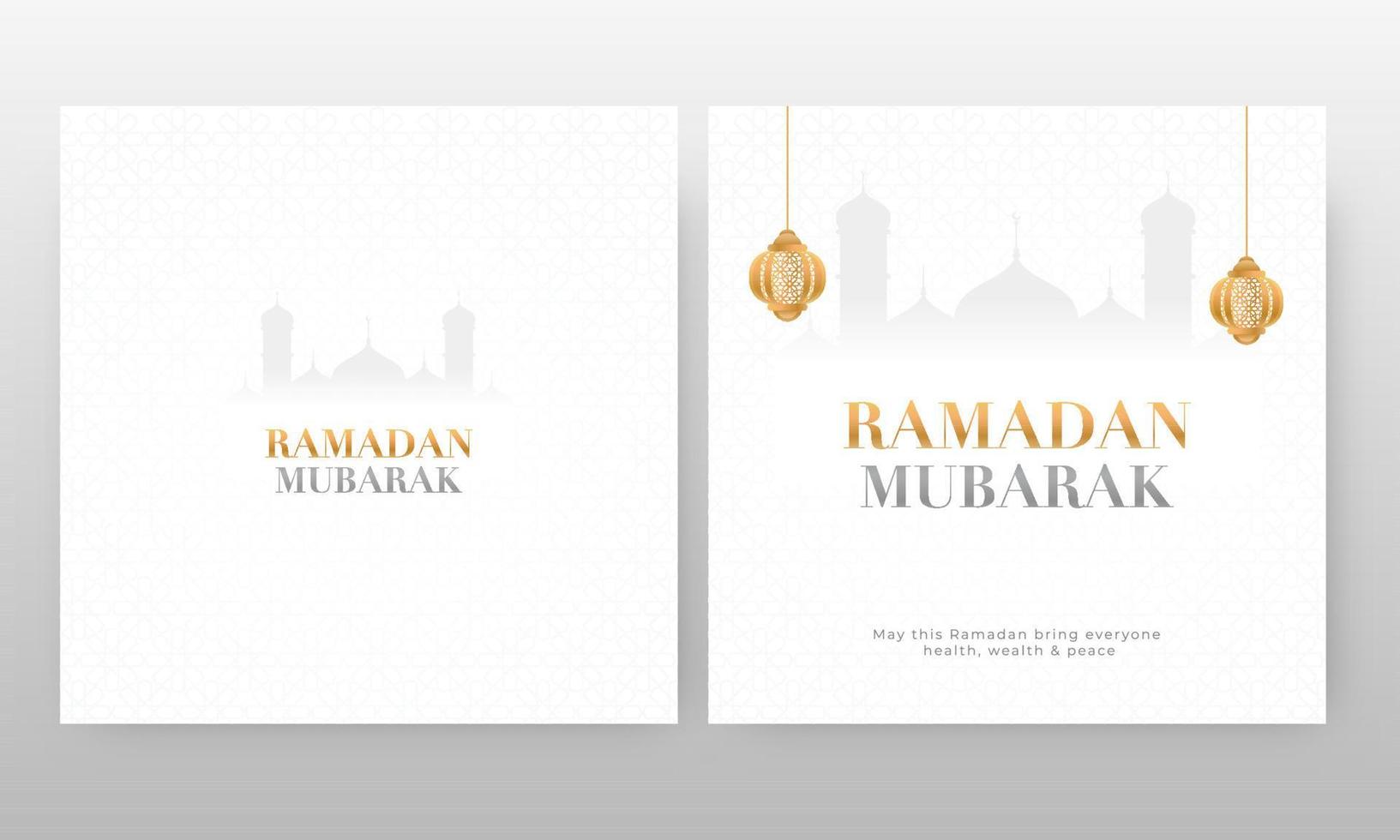 Ramadan Mubarak Text with Silhouette Mosque and Hanging Golden Lanterns on White Arabic Pattern Background in Two Option. vector