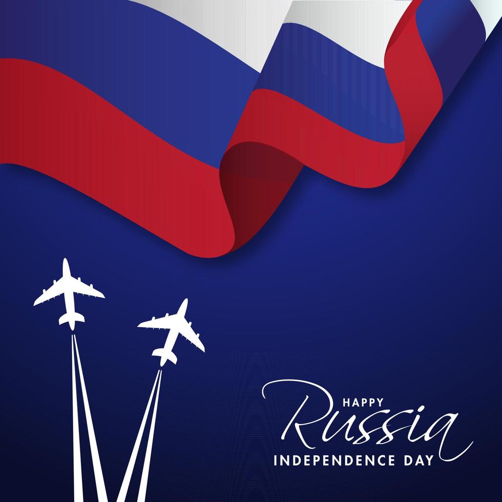 contento Rusia independencia día concepto con ondulado ruso bandera y volador aviones en azul antecedentes. vector