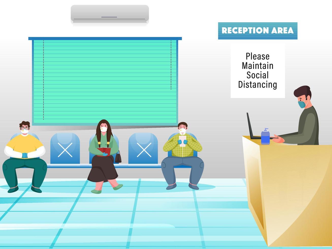 People Wearing Protective Mask Sit On Chair With Maintain Social Distancing in Front Of Reception Area. Avoid Coronavirus. vector