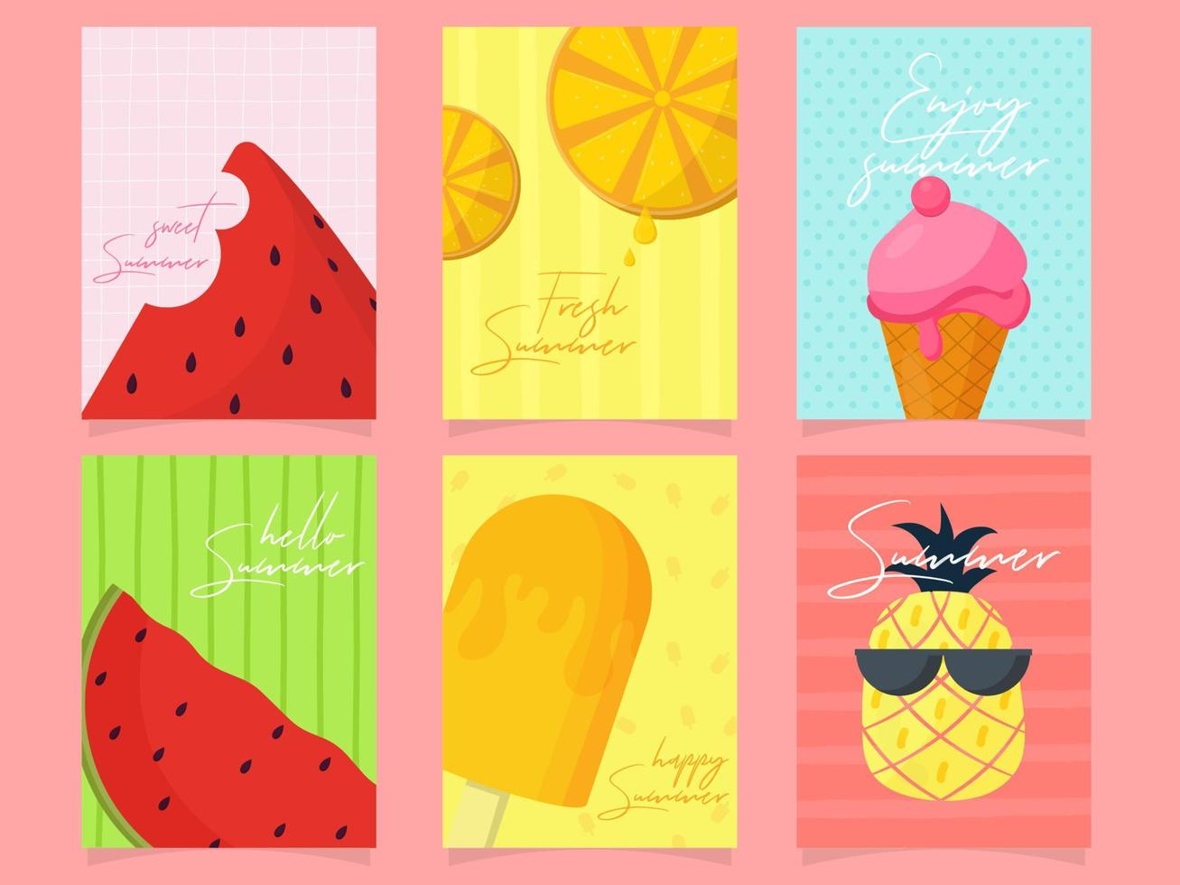 Enjoy Summertime Template Design with Fruits and Ice Cream in Different Color Abstract Background. vector