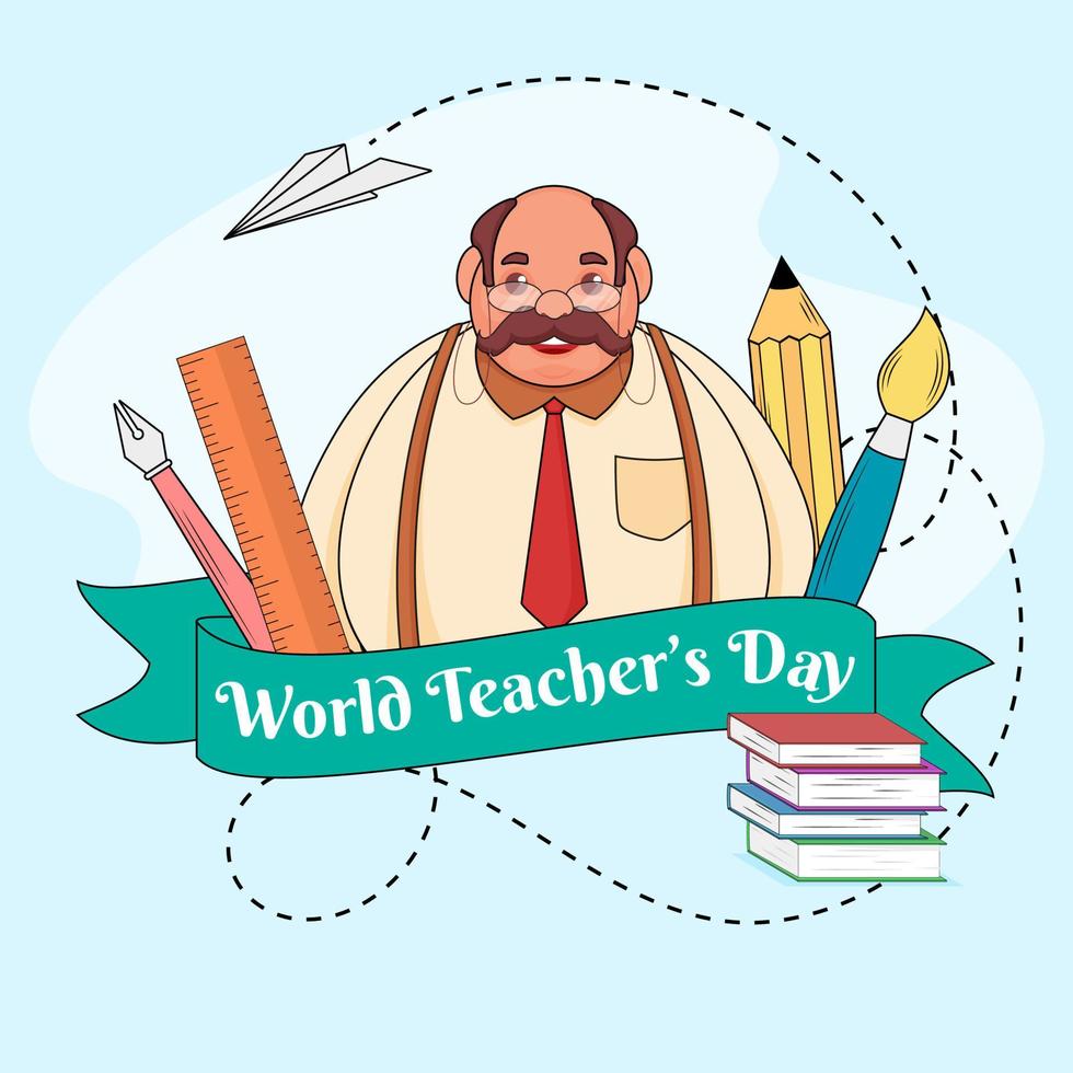 World Teacher's Day Ribbon with Cartoon Man Character and School Supplies Elements on Blue Background. vector