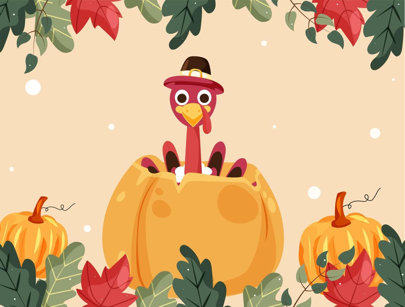 Cartoon Turkey Bird Wearing Pilgrim Hat with Pumpkins and Autumn Leaves Decorated Background. vector