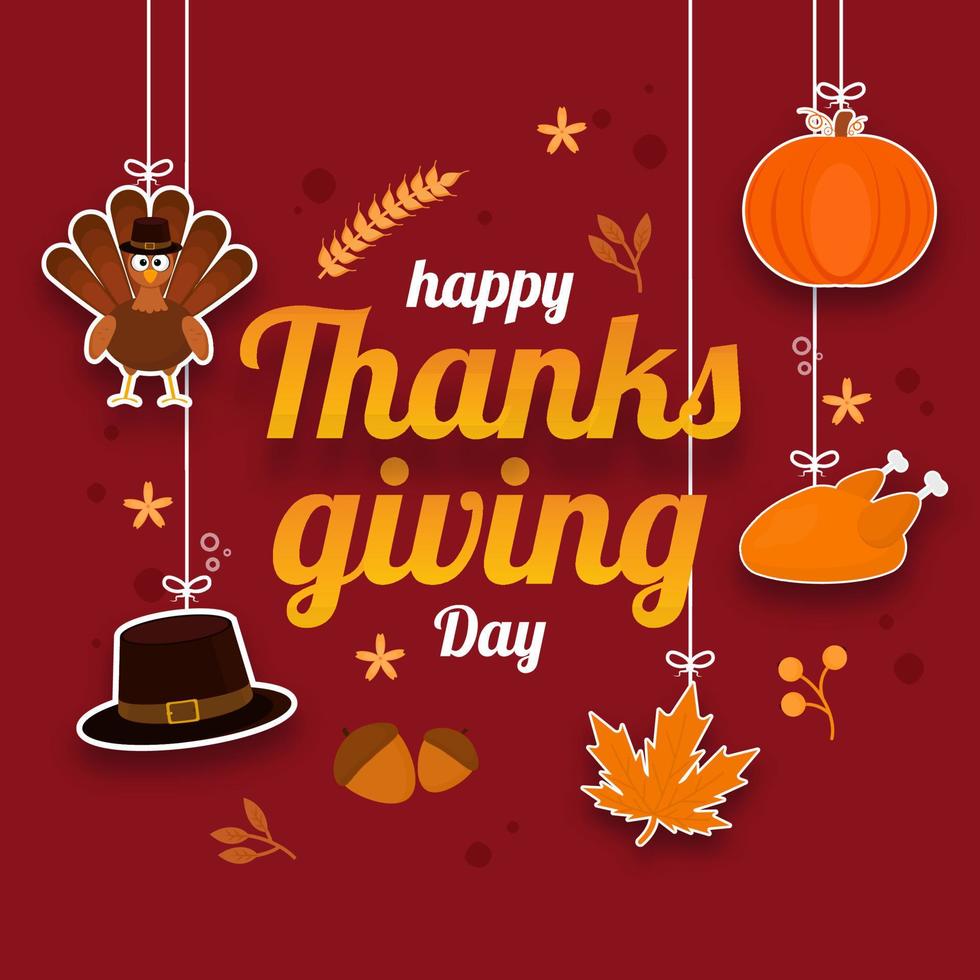 Happy Thanksgiving Day Font with Paper Cut Pumpkin, Chicken, Maple Leaf, Turkey Bird and Pilgrim Hat Hang on Red Background. vector