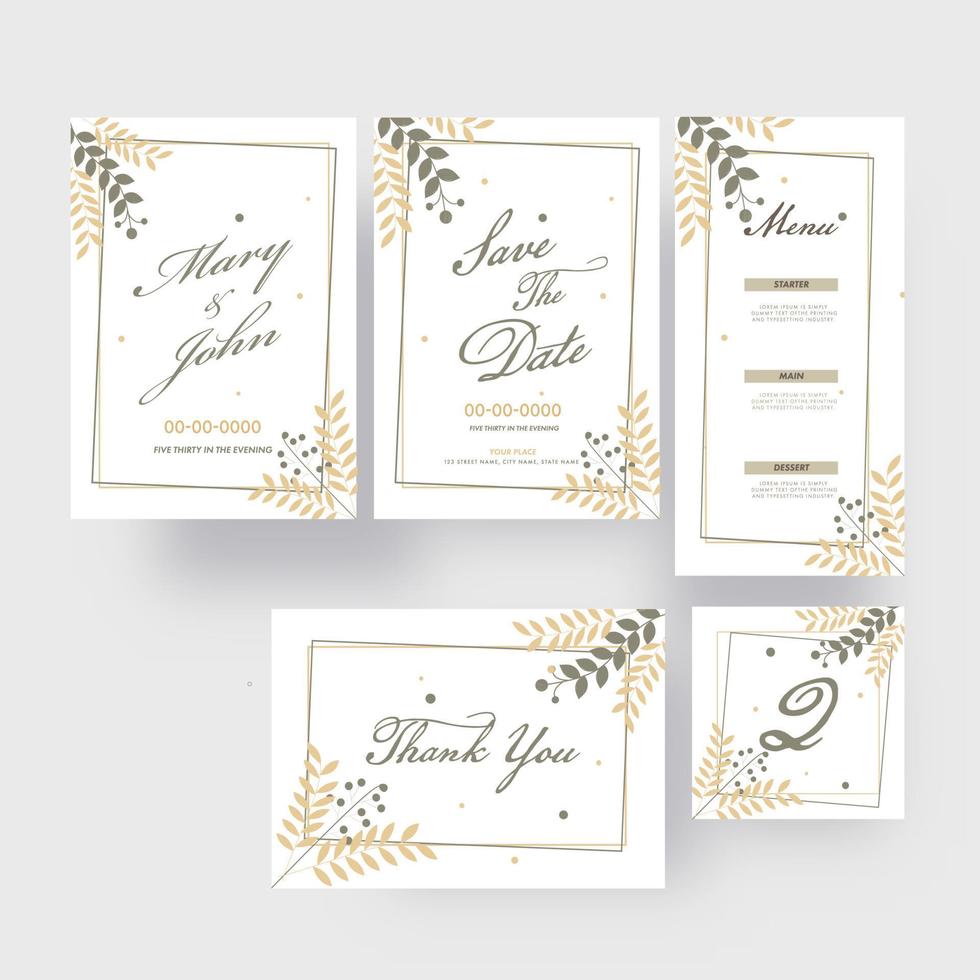 Boda invitación tarjeta diseño conjunto decorado con hojas y evento detalles. vector