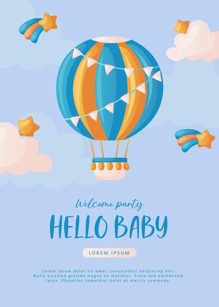 Baby shower invitation with hot air balloon, stars, helium balloons and clouds on blue. Lettering It's a boy. Hello baby celebration, holiday, event. Banner, flyer. Cartoon vector