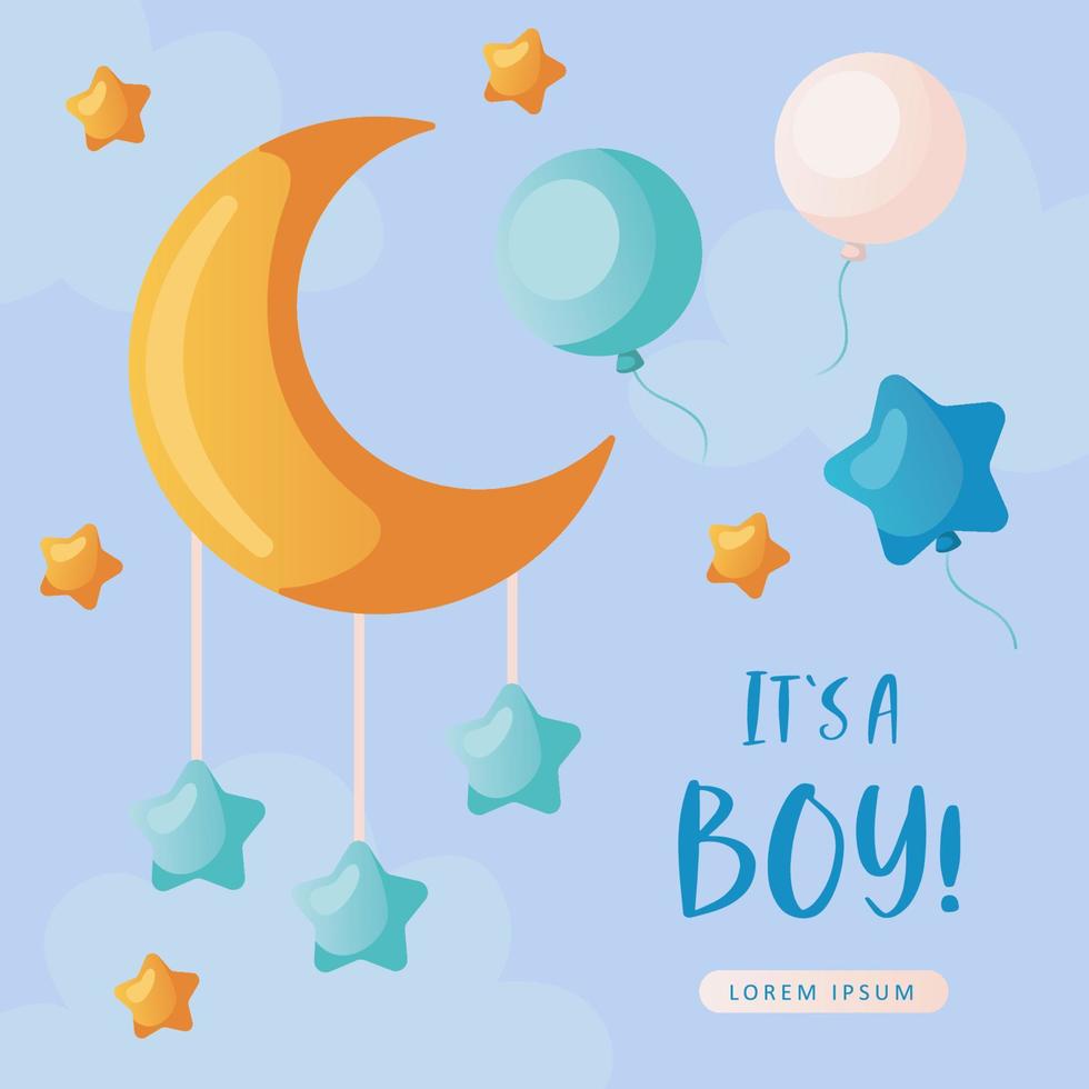 Baby shower invitation with boho moon, stars, balloons and clouds  on blue. Lettering It's a boy. Hello baby celebration, holiday, event. Banner, flyer. Cartoon vector