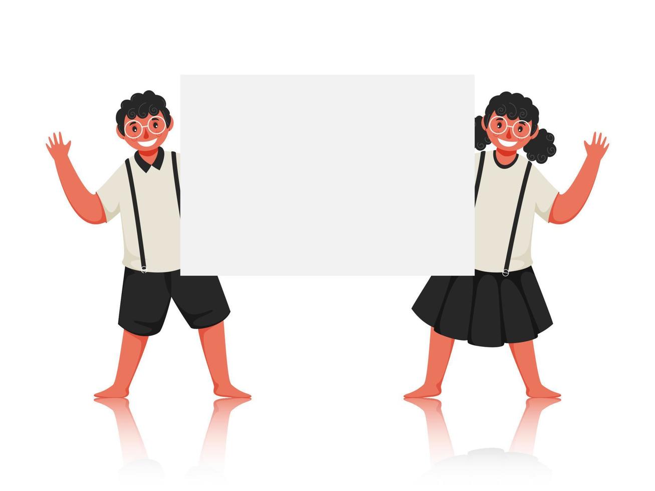 Student Boy and Girl Saying Hello with Holding a Blank White Paper. vector