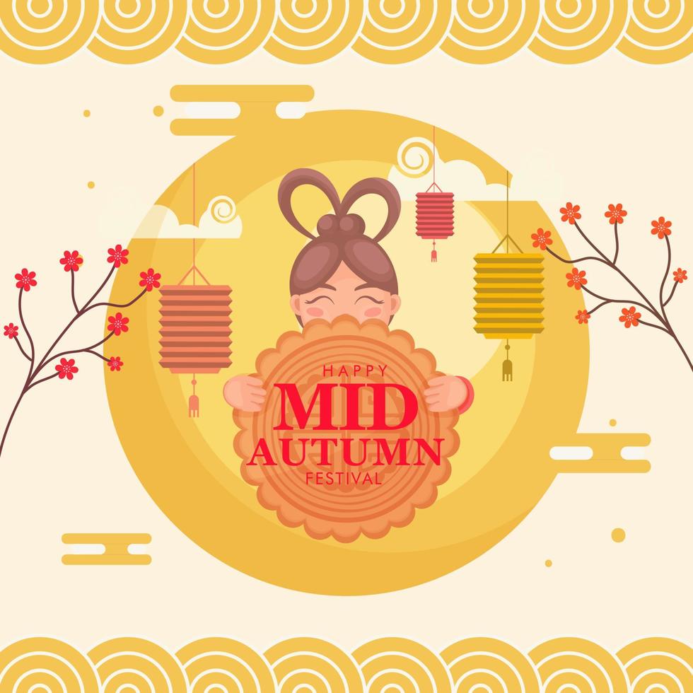 Happy Mid Autumn Festival Concept with Chinese Girl Holding Moon Cake, Flower Branches and Hanging Lanterns on Yellow Background. vector