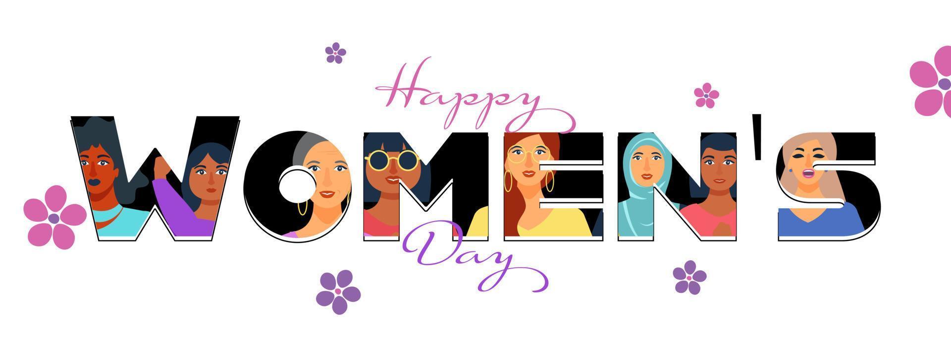 creativo contento De las mujeres día texto con elegante joven niña imagen en blanco antecedentes decorado con flores lata ser usado como bandera o encabezamiento diseño. vector