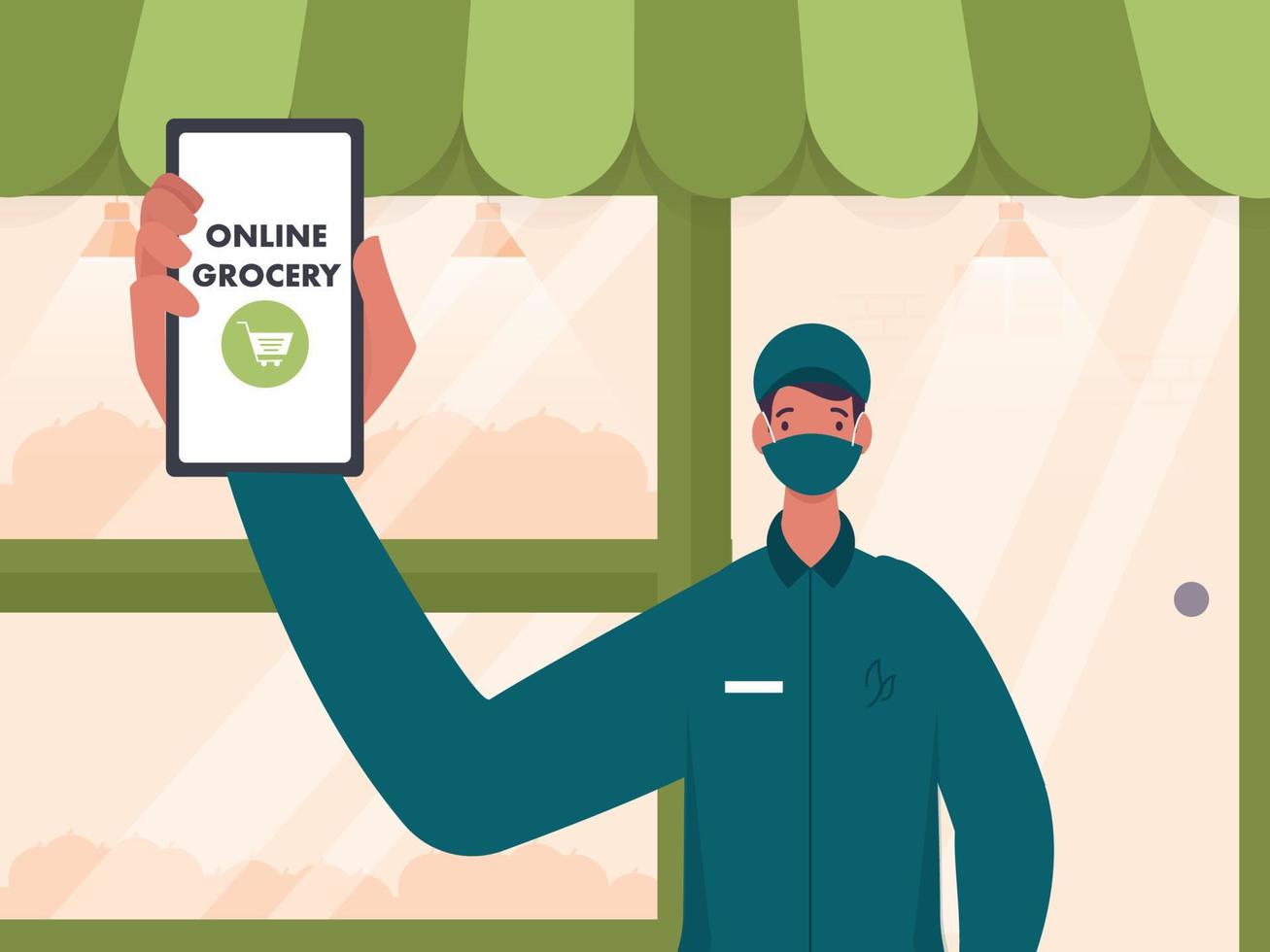 Cartoon Man wear Medical Mask with Showing Online Grocery App in Smartphone in Front of Shop Illustration. vector