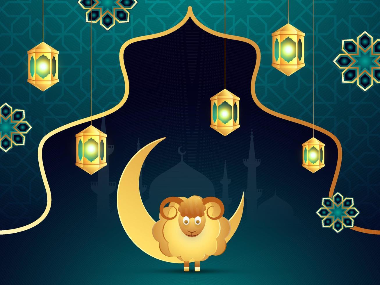 Golden Paper Cartoon Sheep with Crescent Moon and Hanging Illuminated Lanterns Decorated on Blue Arabic Pattern Background for Islamic Festival Celebration. vector
