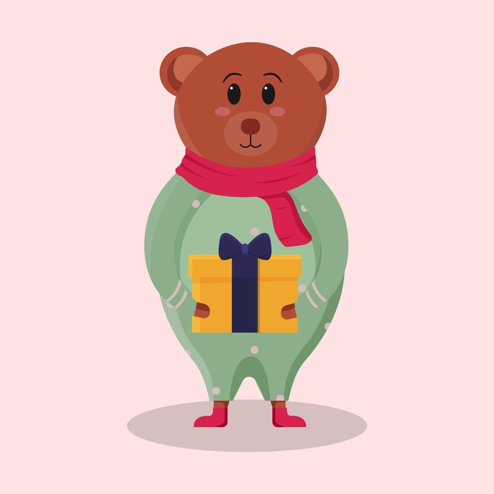 Cartoon Bear Holding a Gift Box on Pink Background. vector