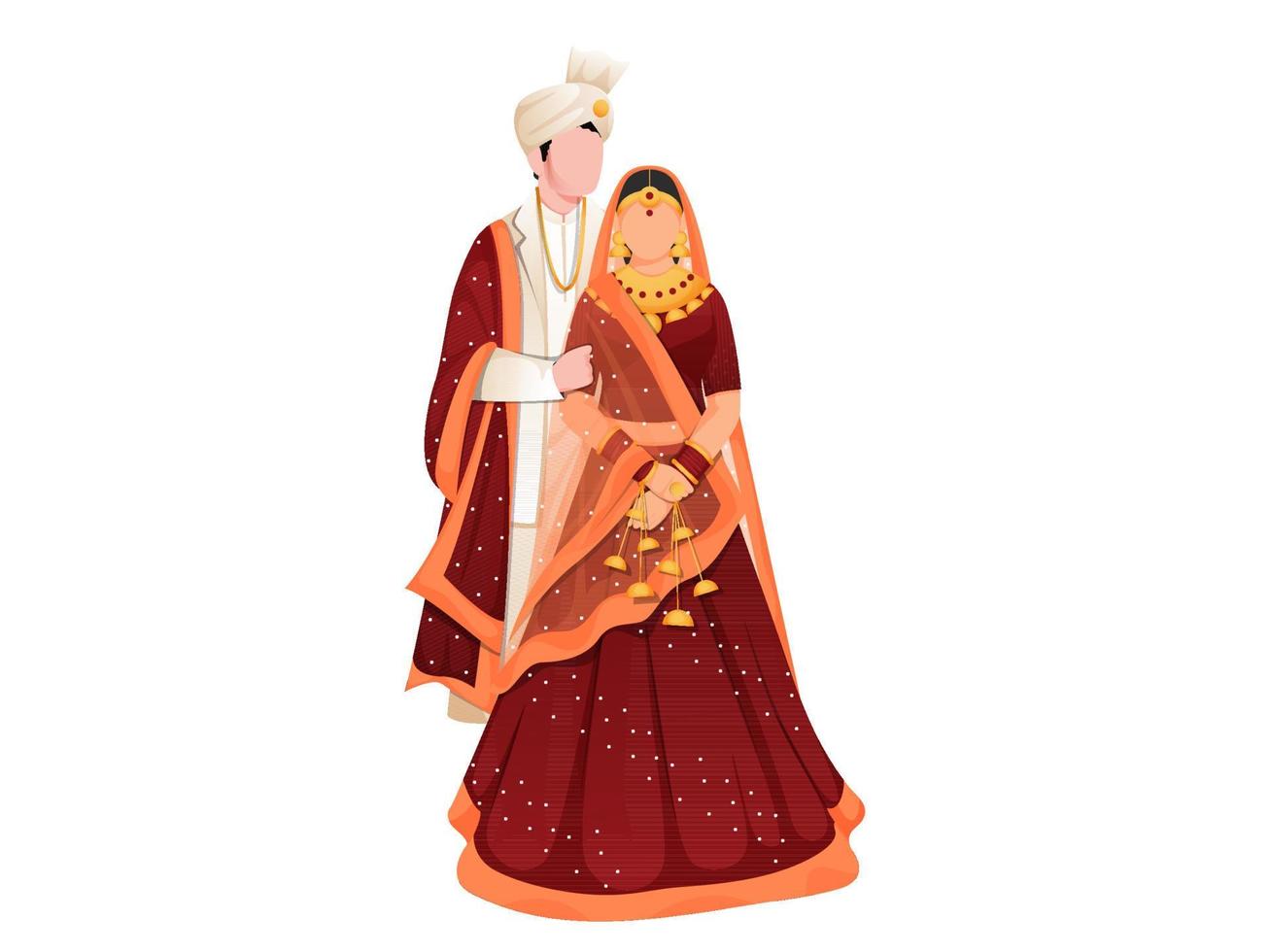 Faceless Indian Wedding Couple Together Standing on White Background. vector