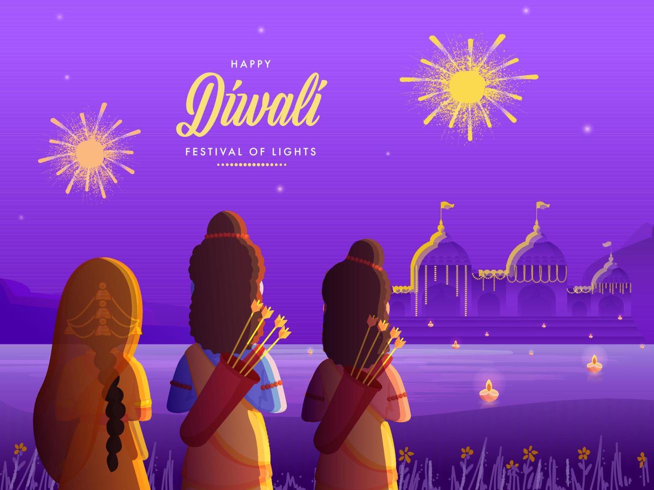 Back View of Lord Rama with His Wife Sita and Brother Laxman on Decorative Ayodhya Background for Happy Diwali Celebration. vector