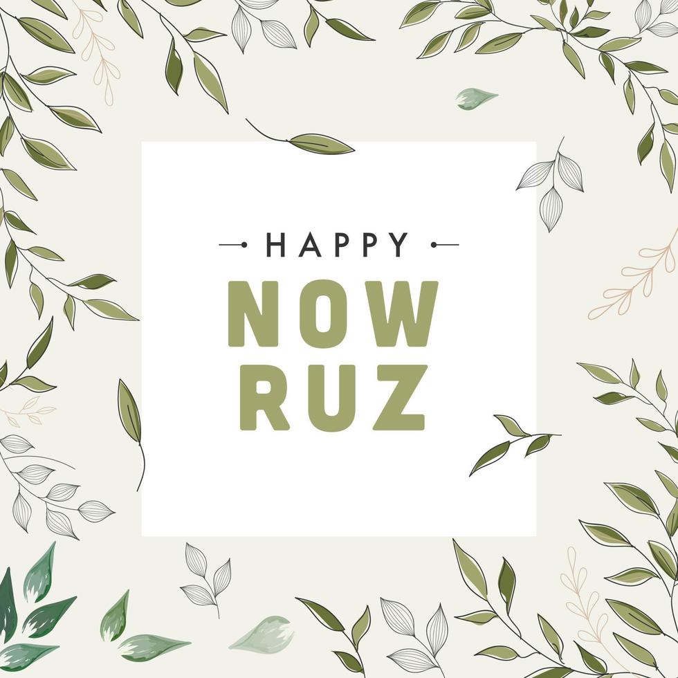 Happy Nowruz Text on White Background Decorated with Green Leaves. vector